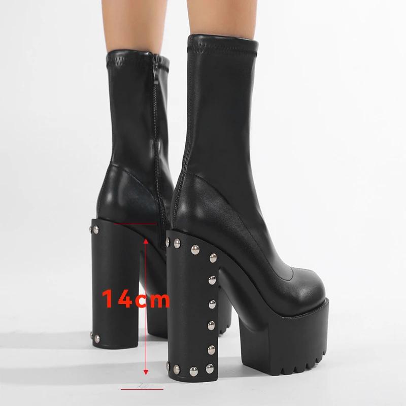 Eilyken Autumn Winter Solid Platform Rivet Zipper Women Ankle Boots Punk Style Round Toe High Heels Nightclub Prom Shoes