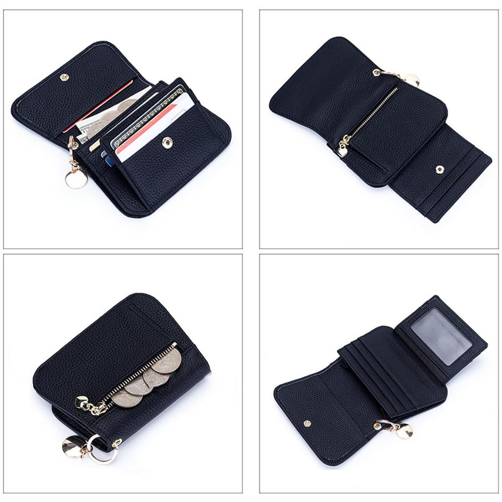 Women's Mini Wallet, Cowhide Leather, Small, Skimming-Proof, Cute, Coin Purse, Simple, Compact, Half Macaron Pattern (Grey Beige)