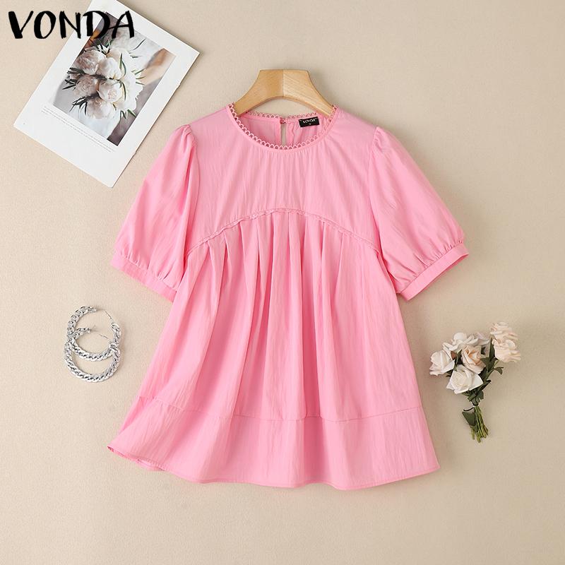 VONDA Women Summer O-neck Short Sleeve Lace Hem Casual Ruffled Blouse