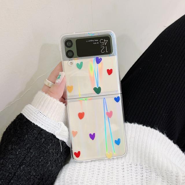 Pro pouzdro Samsung Galaxy Z Flip 3 Korejské Barevné Srdce Pro Samsung Z Flip 4 Zflip4 Luxusní Pevný PC Průhledný Kryt S Laserovou Jamkou