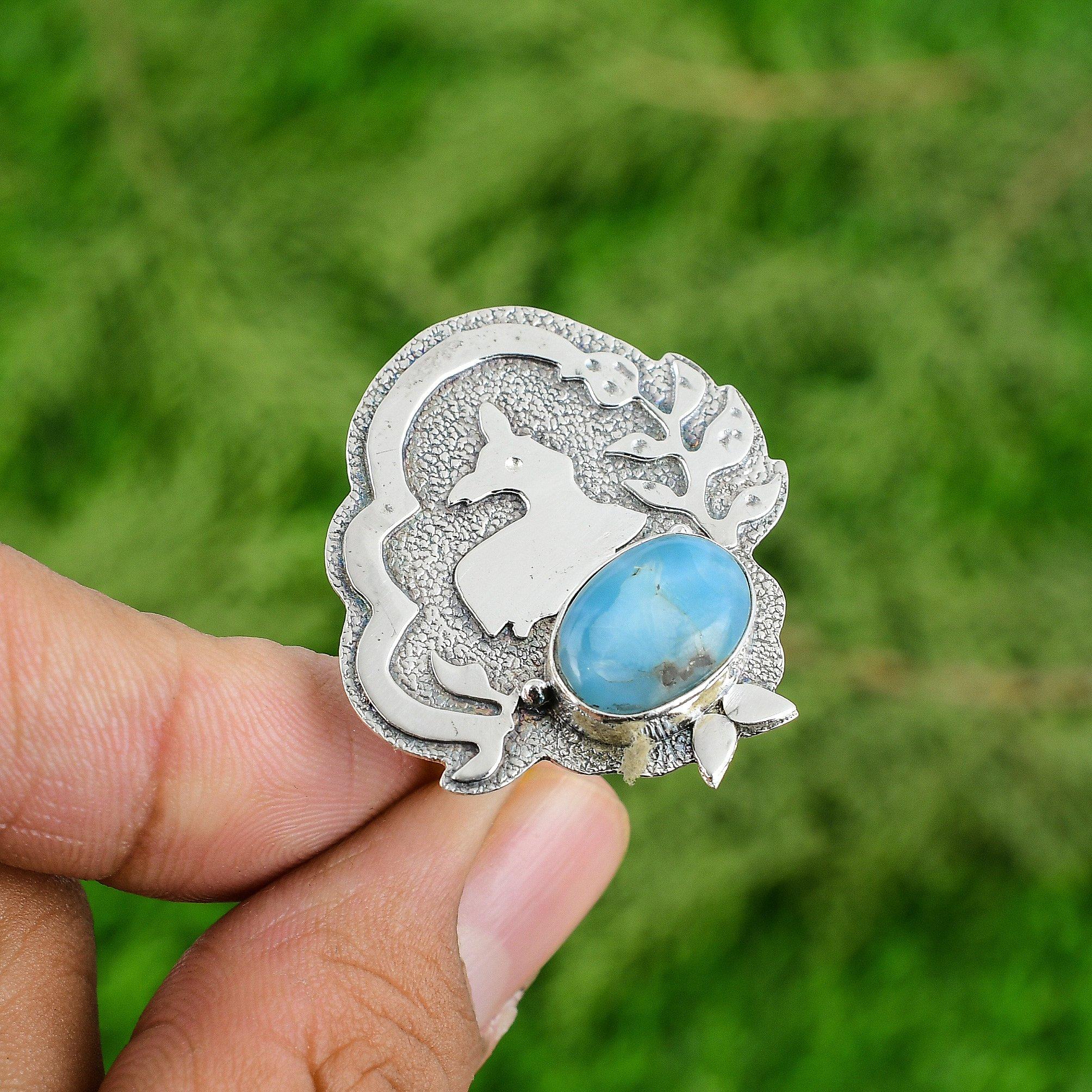 

Natural Larimar Statement Anniversary Handmade Wedding Ring 925 Sterling Silver Adjustable