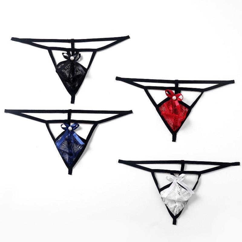Bow Hollow Front Lace Sissy Pouch Panties Men See Through Lingerie Low Rise T-Back Thong G-String Gay Crossdressing Bikini Brief