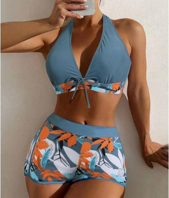 European & American Print Backless Bikini Swimsuit