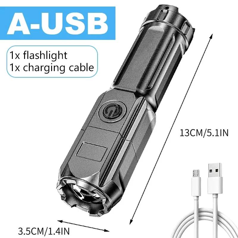 Powerful LED Flashlight Portable Zoomable Camping Light USB Rechargeable Torch 3 Lighting Modes For Outdoor Hiking Emergency