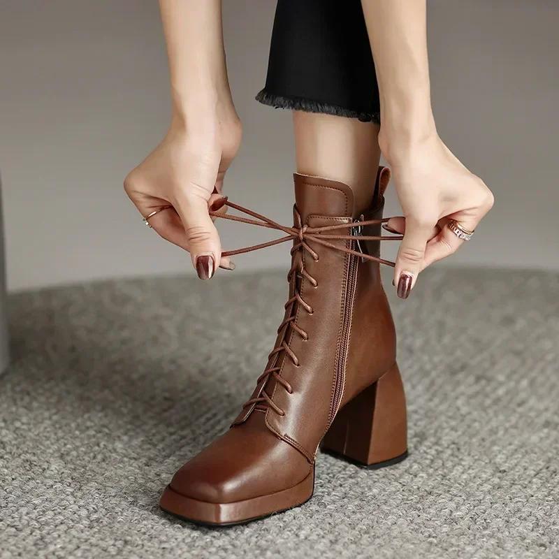 Women High Heels Ankle Shoes Chunky Platform Chelsea Boots Autumn 2024 Lace Up Square Toe Casual Brand Zapatos