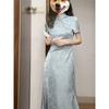 Women's Sweet Blue Modified Qipao Dress, Chinese Style Waist-Slimming Satin Jacquard Midi Dress For Elegant Occasions