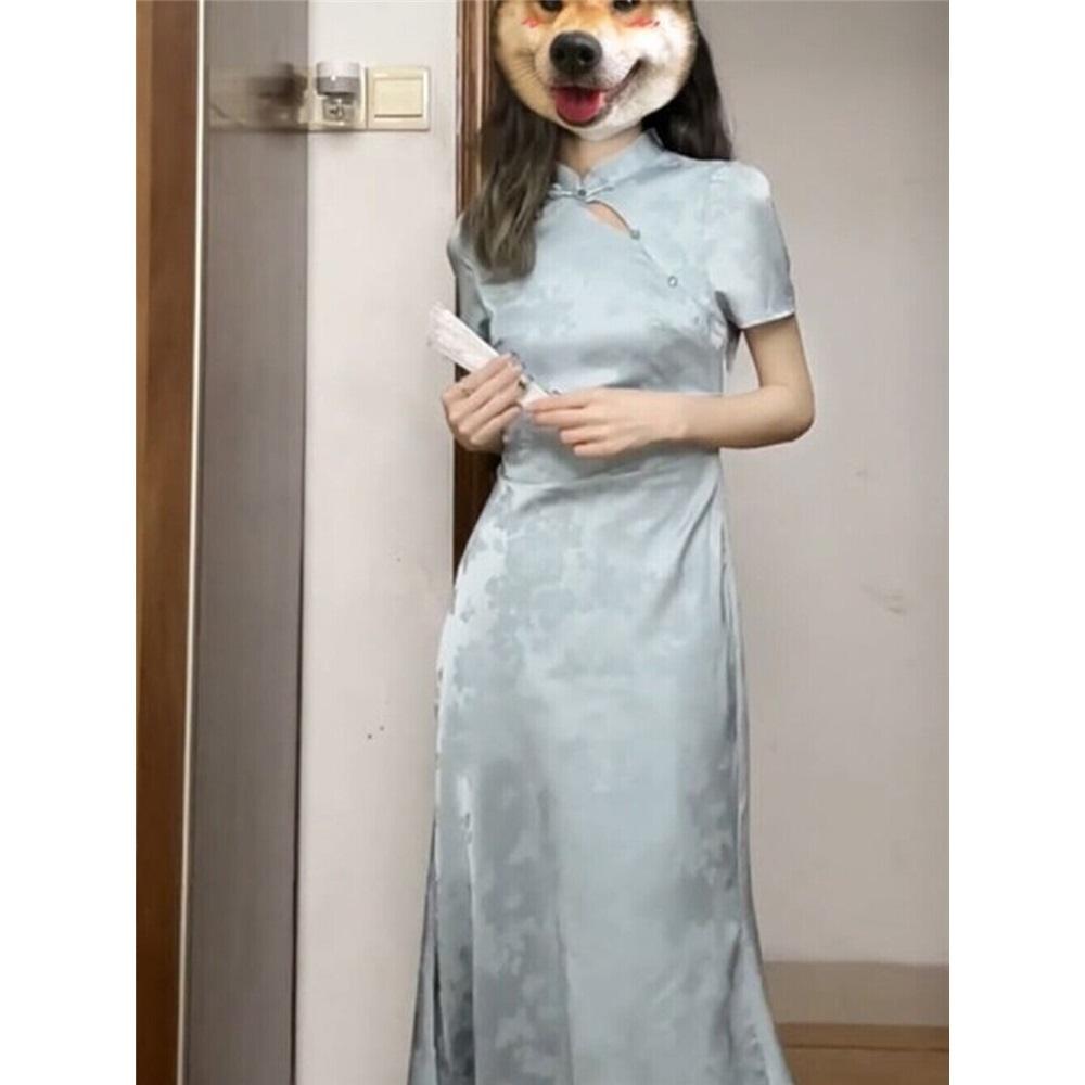 Women's Sweet Blue Modified Qipao Dress, Chinese Style Waist-Slimming Satin Jacquard Midi Dress For Elegant Occasions
