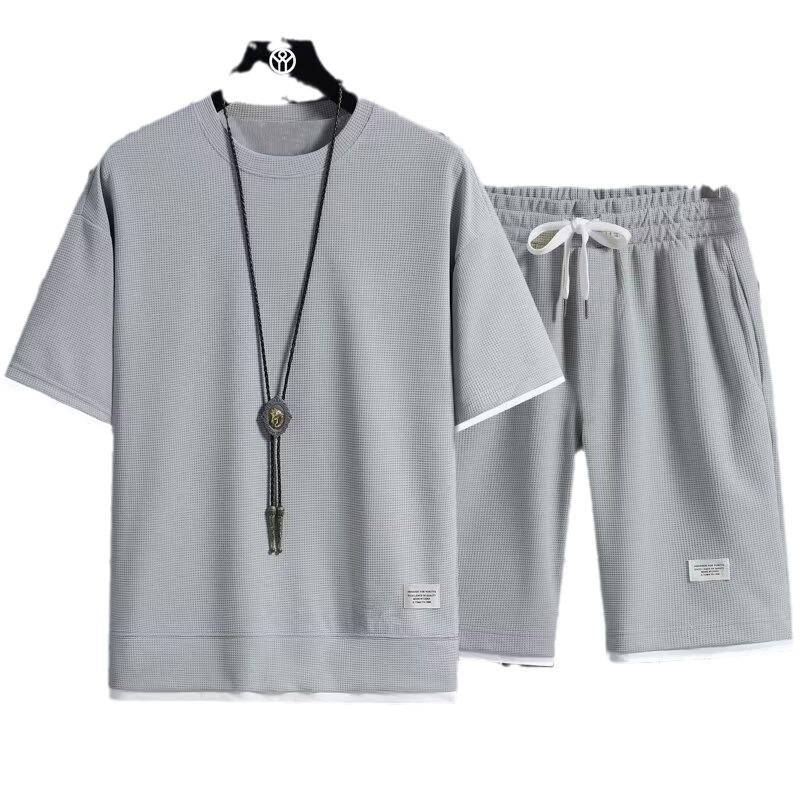 Men's Korean-Style Waffle Summer Casual Shorts and T-Shirt Set