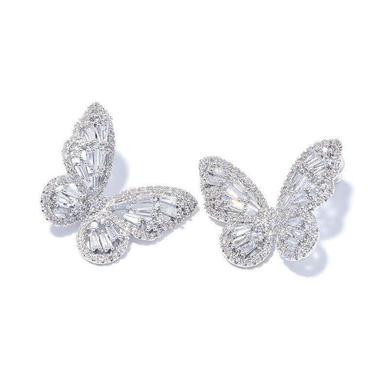 Luxury Atmosphere Zircon Butterfly Temperament Stud Earrings Women'S Senior Sense Real Gold Electroplating S925 Silver Needle Earrings