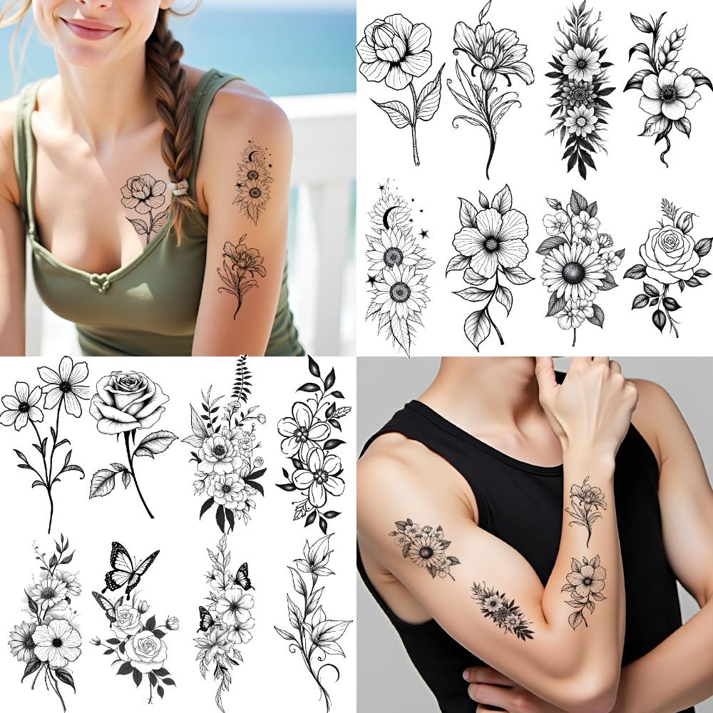 9pcs Temporary Tattoo Floral Tattoos Temporary Tattoo Stickers Butterfly Tattoos Waterproof Long-lasting Body Stickers For