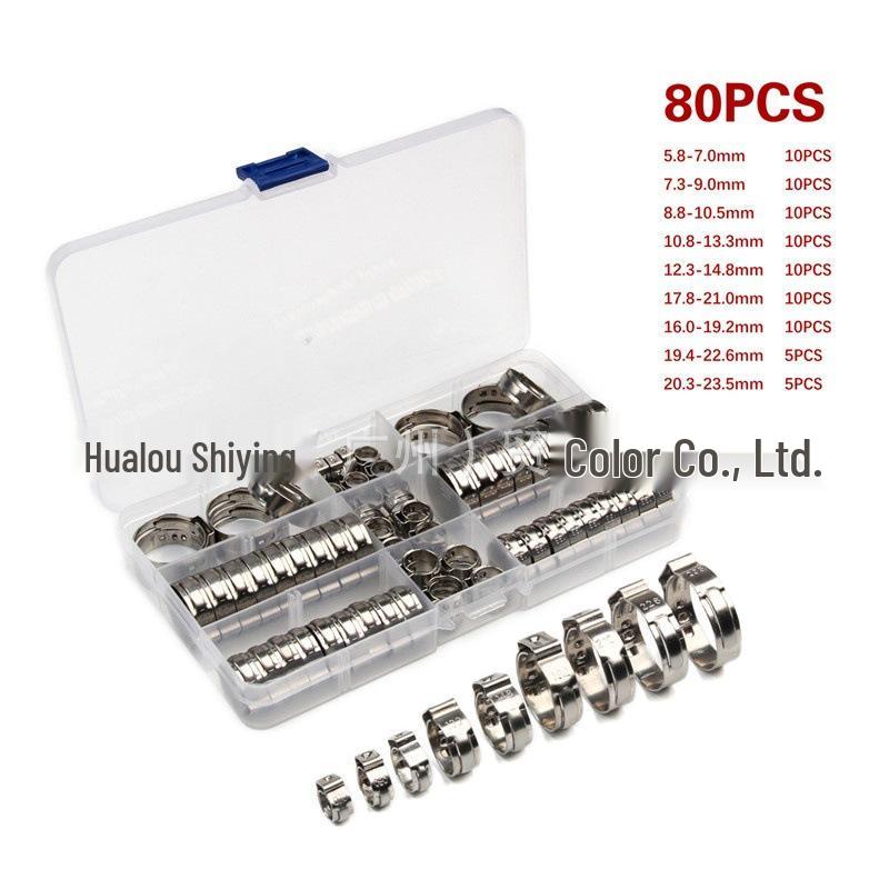 

80PCS Boxed Single Ear Hoop, Stainless Steel Sealing Tube Clamps, 9 Sizes, Infinitely Elastic Ring.