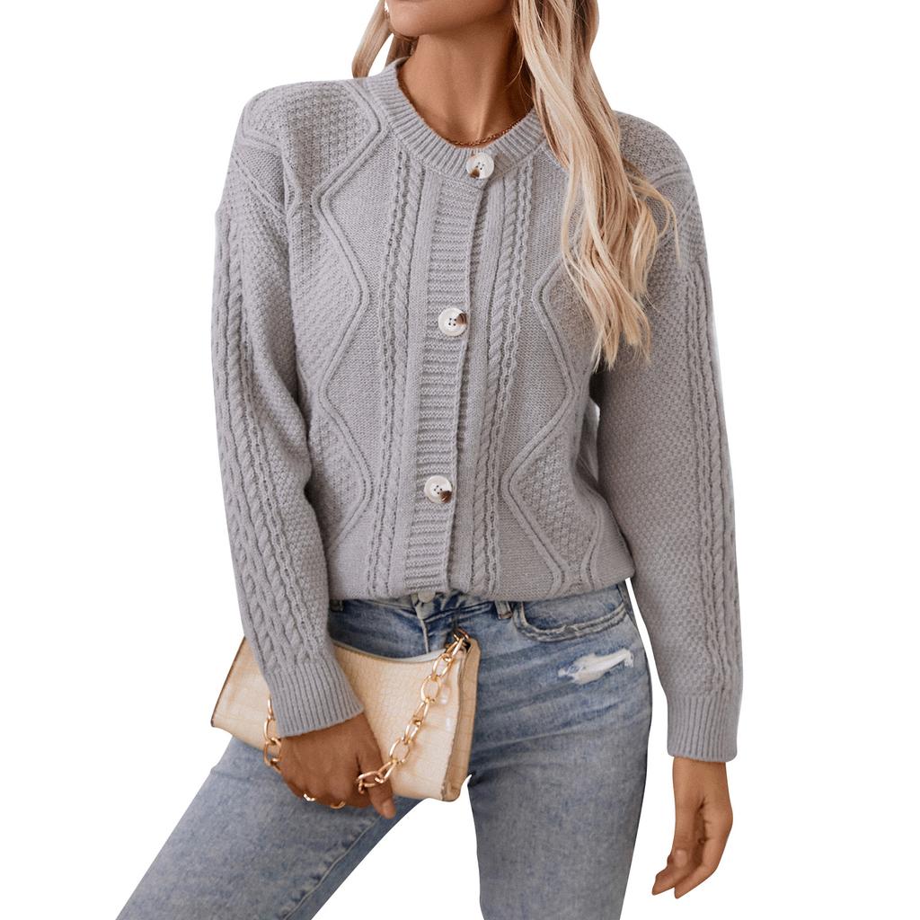 Women's Fashion Casual Round Neck Button Knitted Cardigan Retro Long Sleeve Sweater Coat