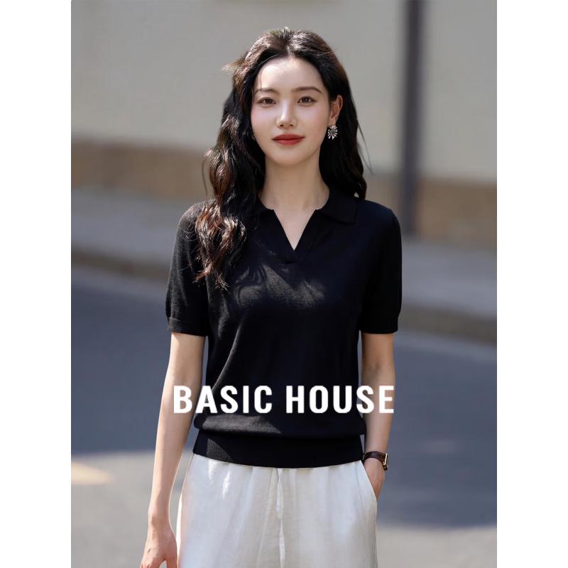 Basic House Women s Black Polo Tencel Knit Short Sleeve Top M
