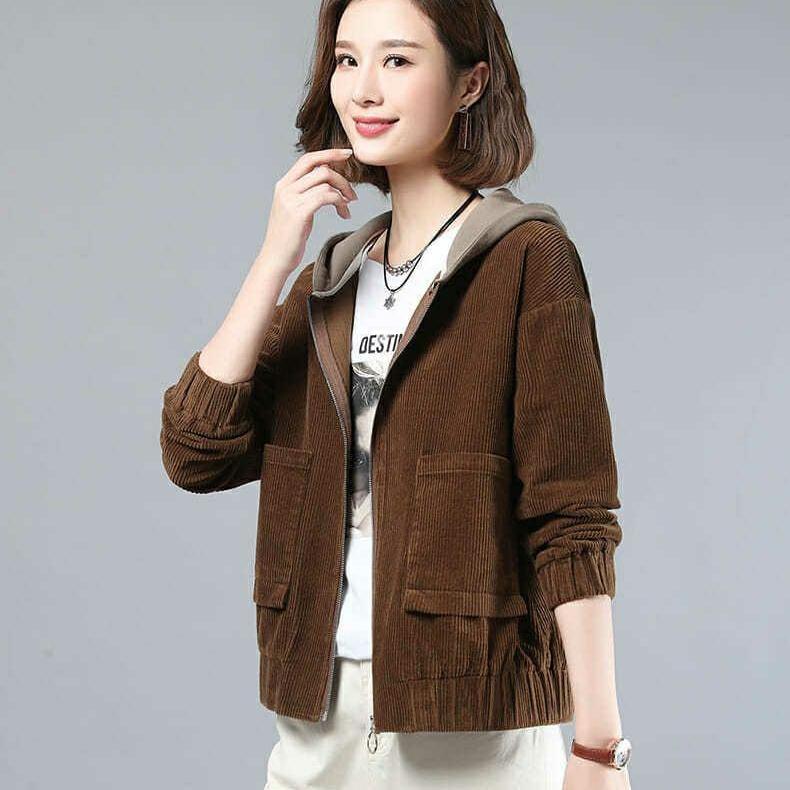Women's Corduroy Jacket Winter Spring Autumn Plus-size Loose Fleece Hooded Jacket Short