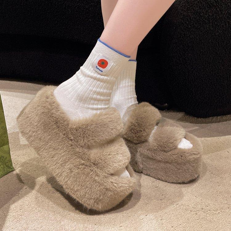 

пушистые тапочки на толстой подошве для женщин для ношения на улице осенью и зимой новые модели для невысоких людей для увеличения роста с открытыми пальцами хлопковые носки 33 хаки