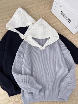 Unisex Retro Color-Block Knit Hooded Sweater Coat, Trendy High-End Couples' Top