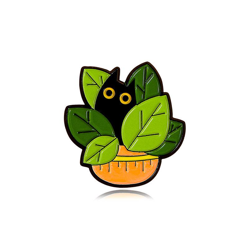 

Funny Black Cats Potting Series Enamel Brooches Cute Kitten In Green Plants Lapel Pins Pet Owner Badge