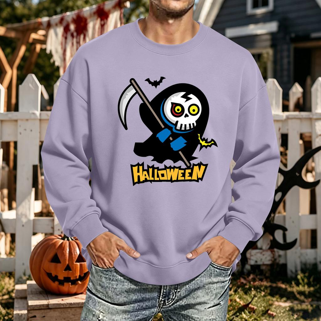 Men's Halloween Printed Long Sleeve T-Shirt Unisex Crewneck Casual Sports Top