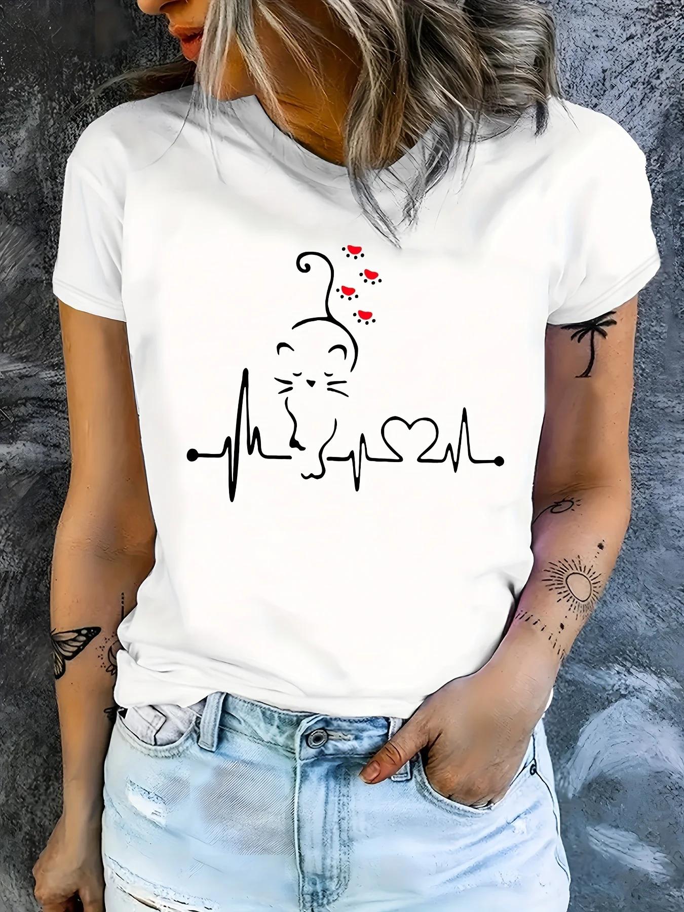 

Cat Heart Paw Print Graphic Lightweight Summer Top Regular Spring Womens Casual Short Sleeve Crew Neck TShirt Cute S