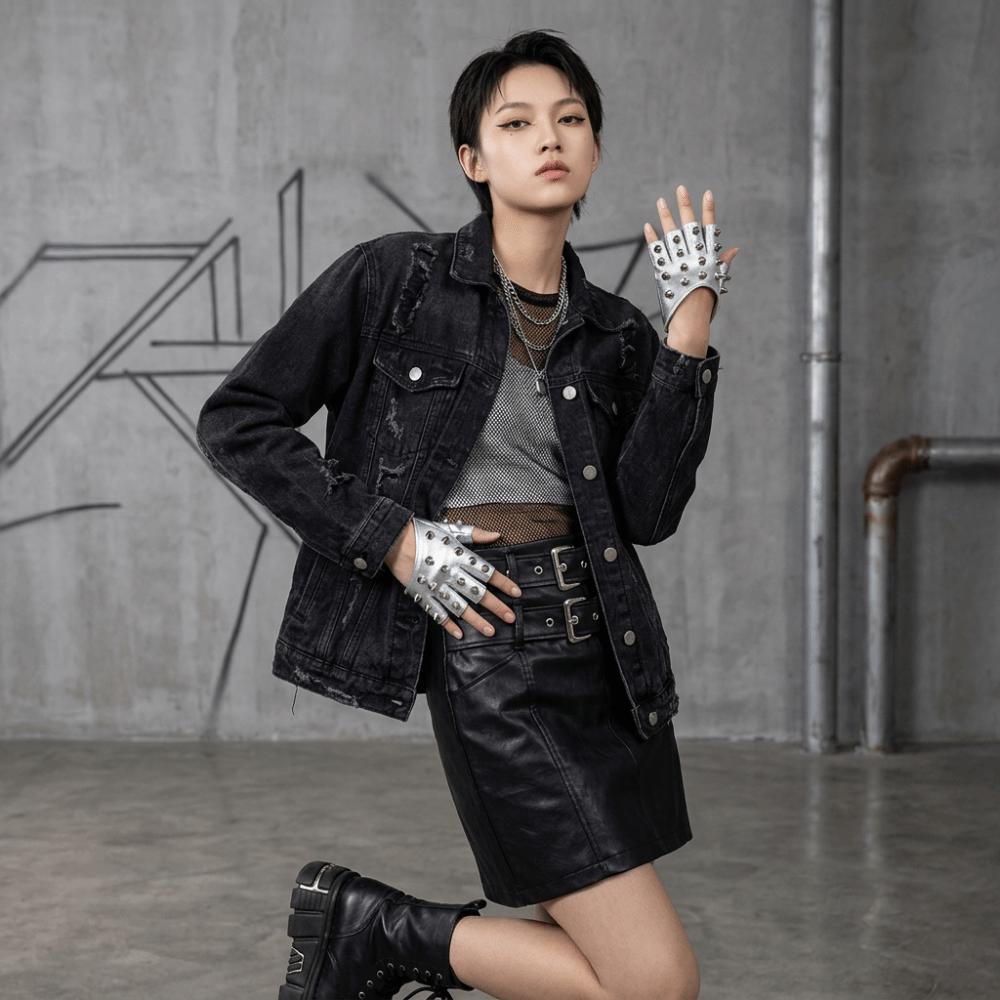 PU Leather Half-palm Gloves Fingerless Patent Leather Gloves Lolita Rivet Gloves Girls