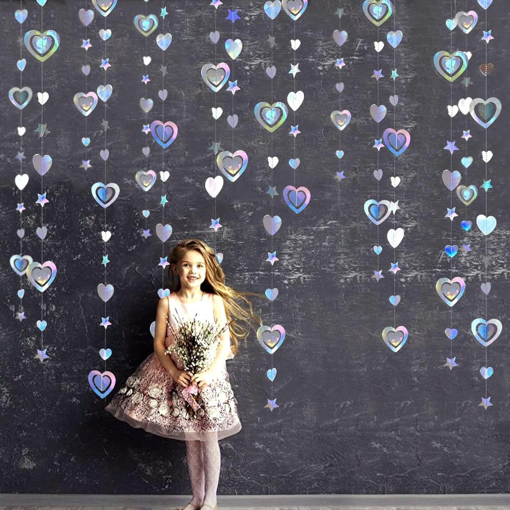 4pcs 39.36ft Streamers Iridescent 3D Heart Twinkle Star Garland Holographic Paper Streamer Banner for Birthday Mother's Day Anniversary