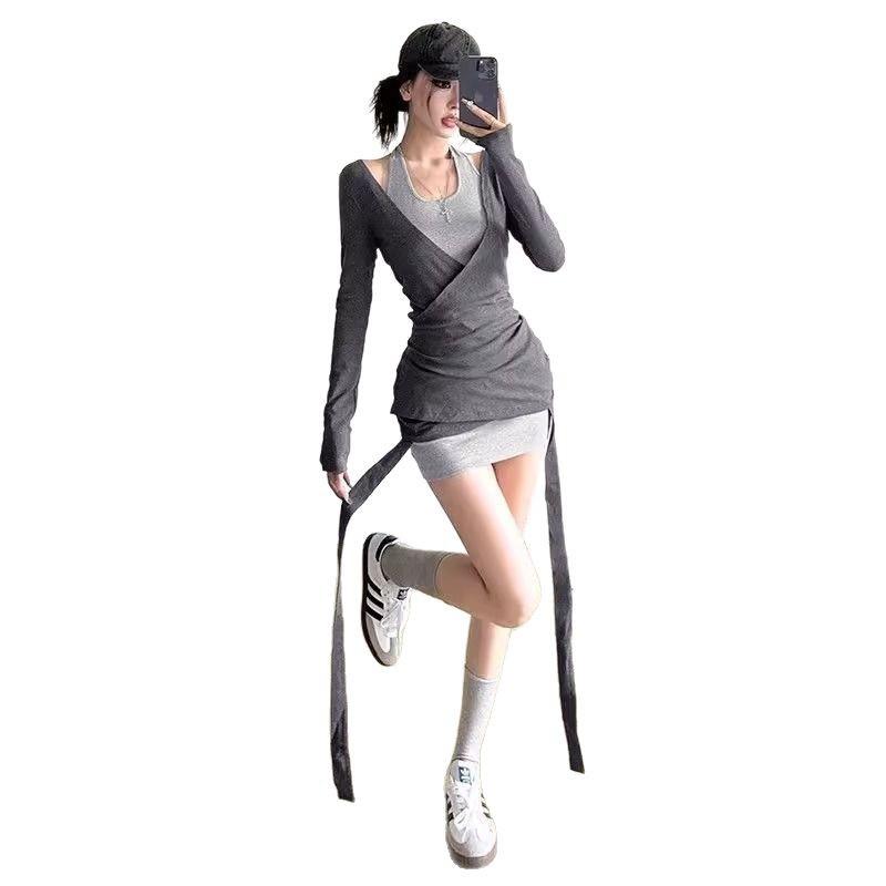 Gray neck sling dress children's autumn new pure desire style Spice Girl hip skirt set summer