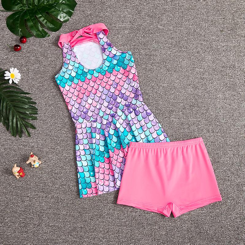 New Girls' Fish Scale Gradient One-Piece Swimsuit with Skirt for Children
