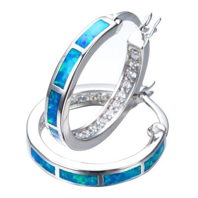 Classic Female Imitation Blue Fire Opal Round Hoop Earrings For Women Accessories Bridal Engagement Wedding Party Jewelry Gift