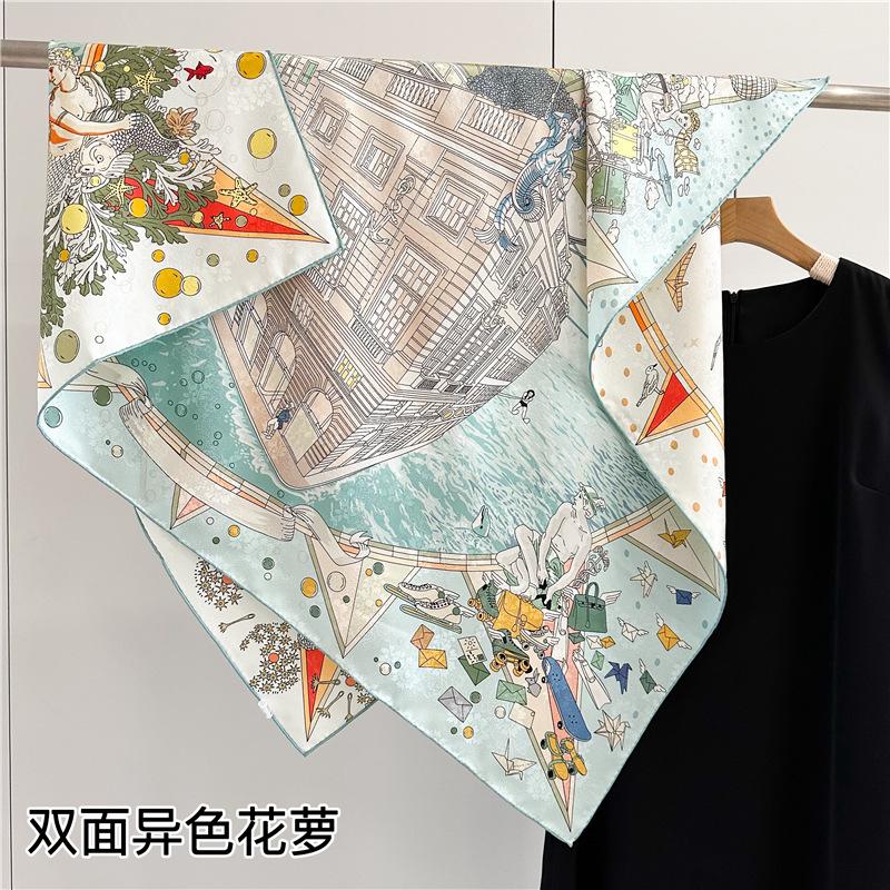 Heavy silk scarf women's spring new double-sided heterochrome flower dill 111cm large square scarf mulberry silk scarf shawl