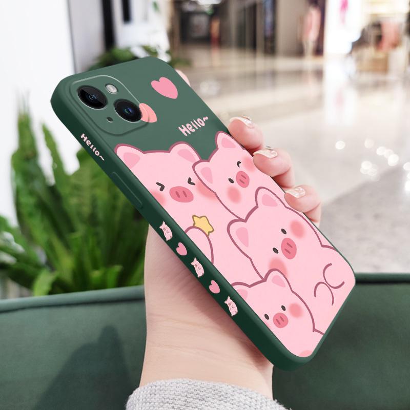 

Happy Pig Phone Case For iPhone 15 14 13 12 11 X XR XS SE2 SE2020 8 7 6 6S Plus Pro Max Mini Silicone Cover iPhone 14 Plus темно-зеленого