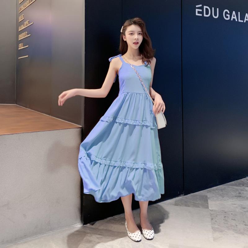 Sommer Neu Einfarbig Krawatte Schleife Sexy Träger Kleid Damen Retro Hohe Taille A-Linie Lässig Locker Lange Kleider Damen Mode Slim Fit Rüschen Elegantes Kleid 26371