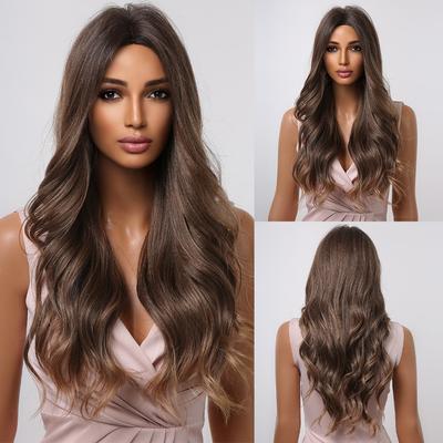 Ombre Brown Long Wavy Synthetic Hair Wig for Black Women Afro Middle Part Heat Resistant Fiber Cosplay Daily Use Hair Wigs