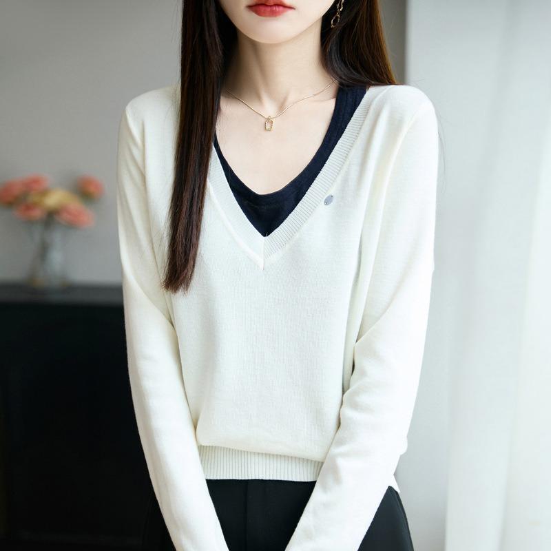 Women S V Neck Long Sleeve Knitted Fake Two Piece Sweater