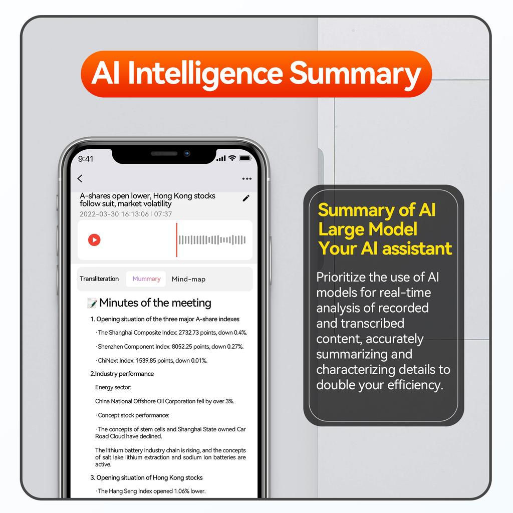 AI Voice Recorder 64GB Audio Recorder App Control Intelligent STT Engine Real Time Transcribe and Translate Summarize