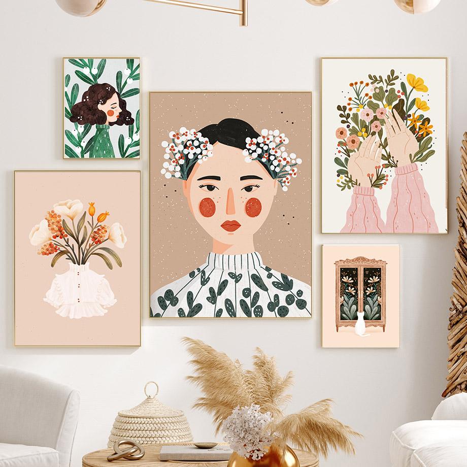 Boho Fashion Girl Flowers Leaves Illustration Wall Art Canvas Painting Nordic Poster And Prints Pictures For Living Room Decor