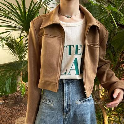 Casaco Jaqueta Solta de Veludo Moda Feminina Manga Comprida Gola Virada para Baixo Zíper Jaquetas Curtas Femininas Combinação Total Bolso Blazer