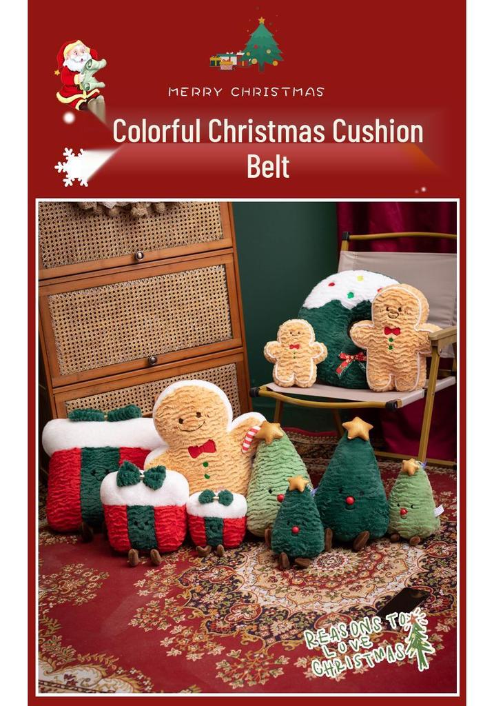 Festive Christmas Tree & Gingerbread Man Plush Cushion, New Year Gift & Wreath