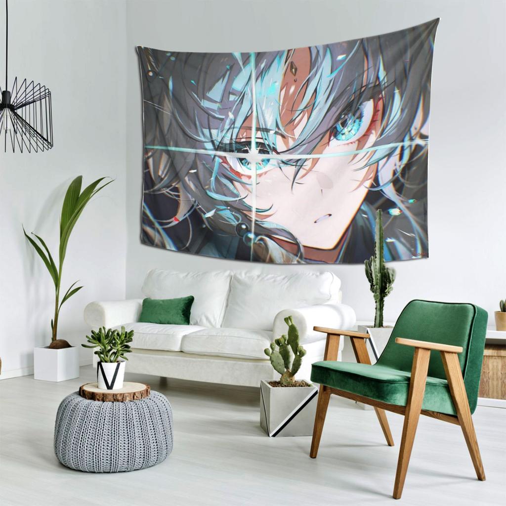 Intense anime character tapestry  celebrating theatrical art with expressive eyes and detailed features perfect for home decor