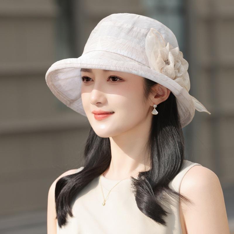 WTEMPO Women's Elegant Organza Flower Sun Hat Lightweight Mesh Bucket Hat with Floral Detail Breathable Casual Cap for Mature Ladies Spring Summer