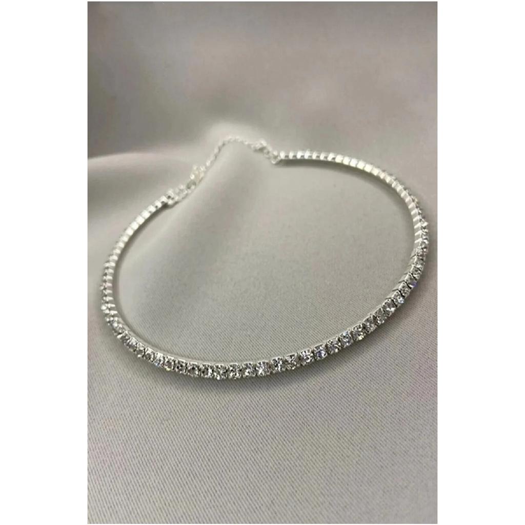 Women's Rhinestone Choker Silver Necklace