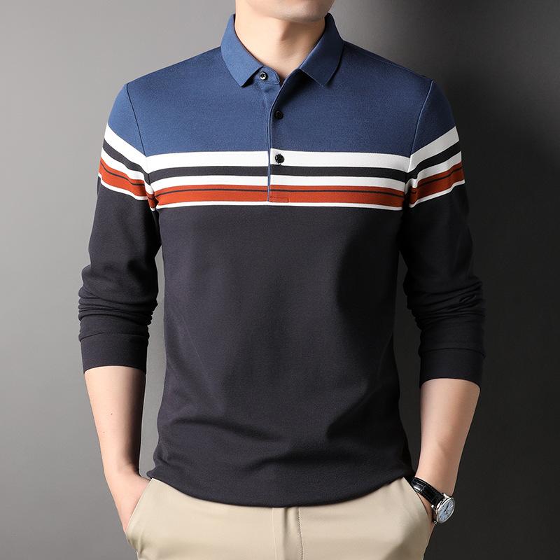 Autumn New Men's Lapel Fashion Simple Color Polo Shirt Men's Striped Long-sleeved Cotton T-shirt