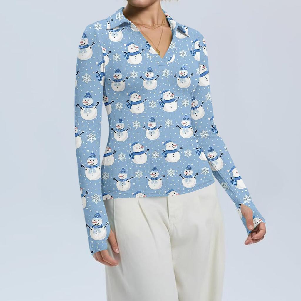 Damenmode Lässig Weihnachts-Print V-Ausschnitt Langarm Knopfleiste Oberteil