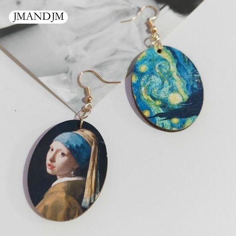 Dámske oválne drevené náušnice v štýle retro olejomaľby