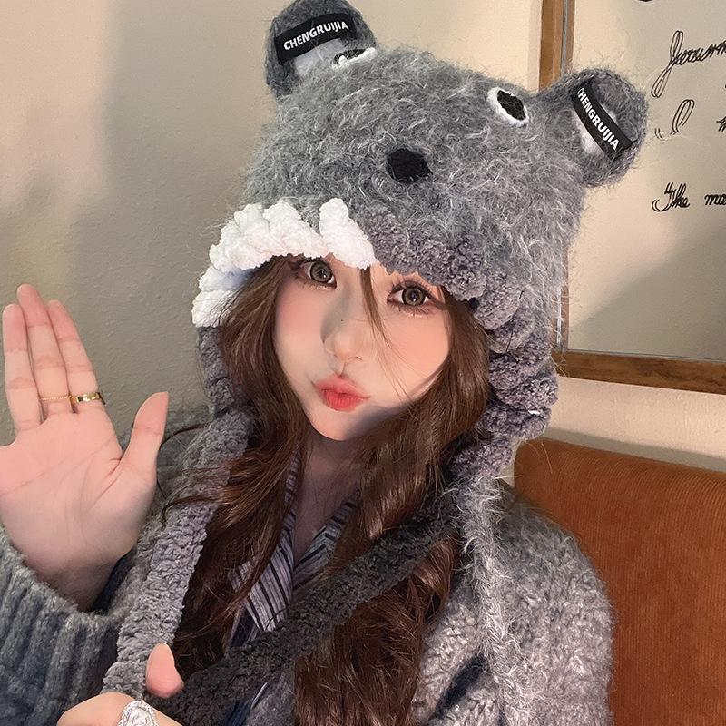 Japanese Cute Hand Woven Little Fox Ear Protecting Hat for Women In Autumn and Winter Warm Versatile Plush Lei Feng Hat