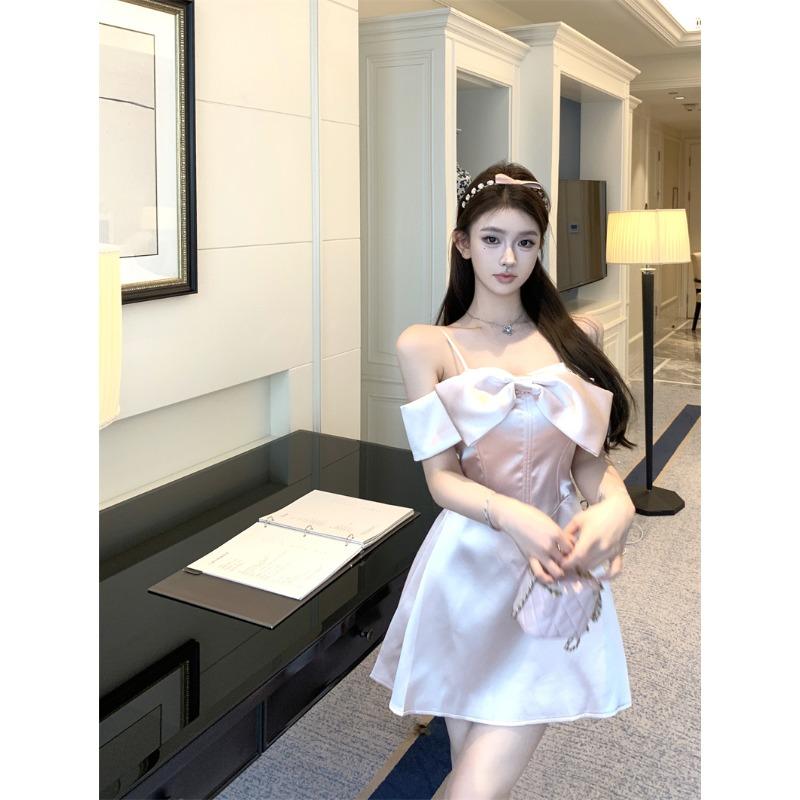 

French Suspender Dress Female Summer High Sense Socialite One-word Shoulder Bow Birthday Dress Princess Tutu Dress S розовый