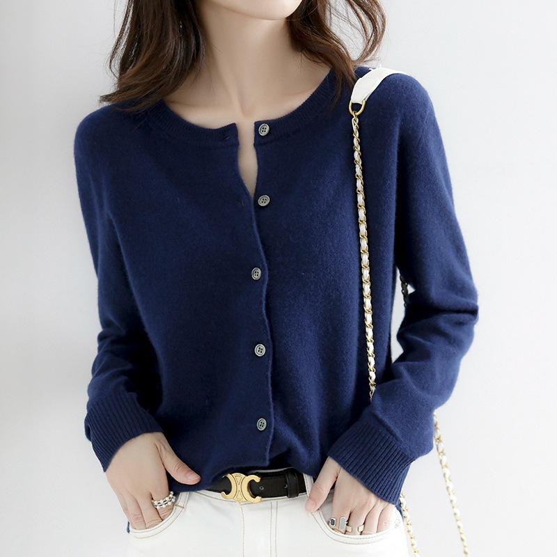 Autumn Winter Round Neck Simple Fashion Casual Knitting Cardigan Top Women Solid Color All-match Sweater Coat