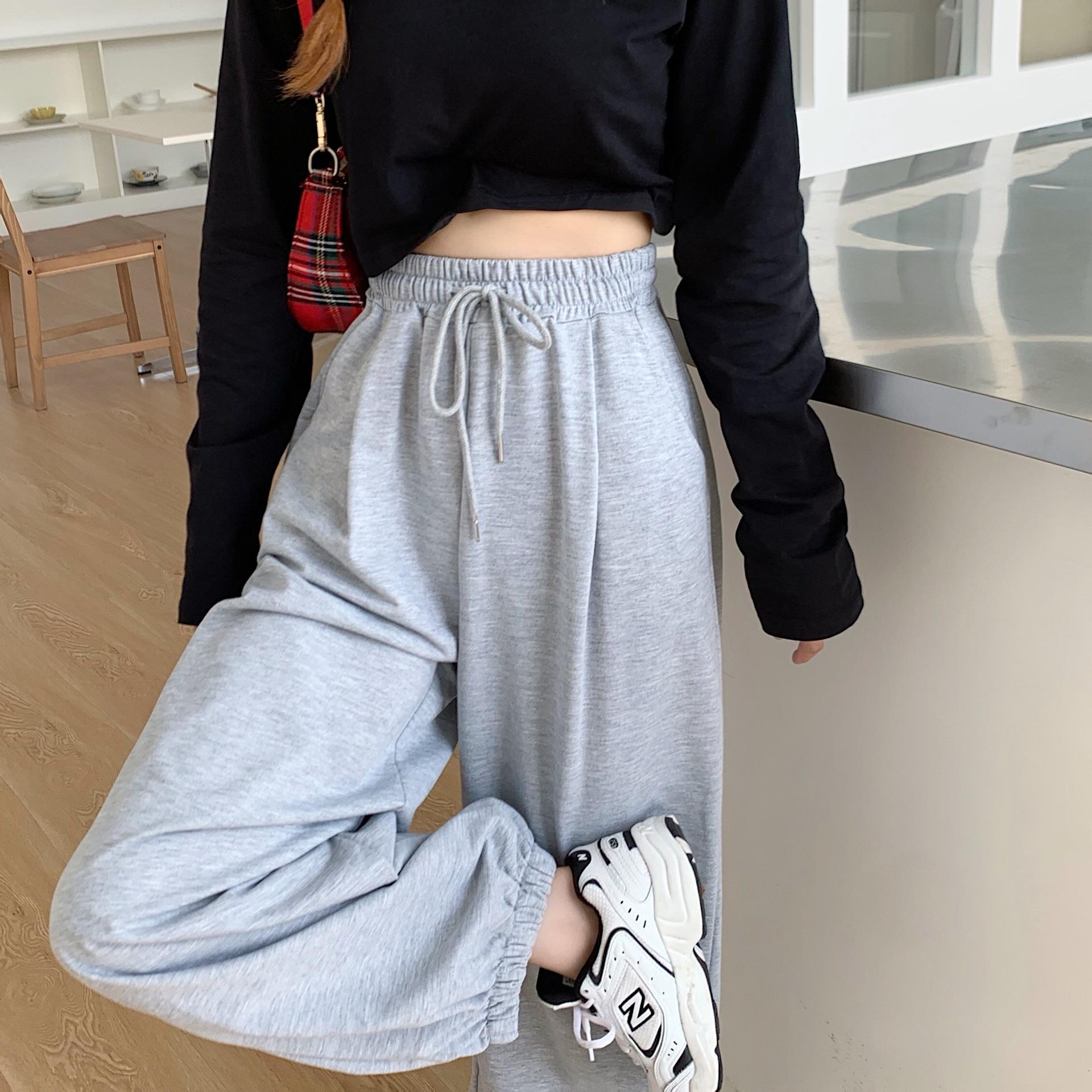 

Spring and autumn sweatpants women s Hong Kong-style casual sweatpants high waist and thin loose wide-leg pants versatile lantern leggings M серый