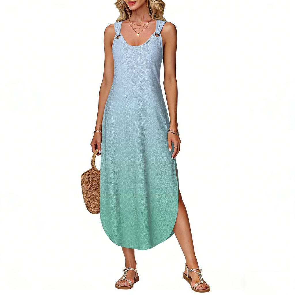 Women's Summer Long Dress, Sleeveless with Side Slits, Long Gradient Vest Dress