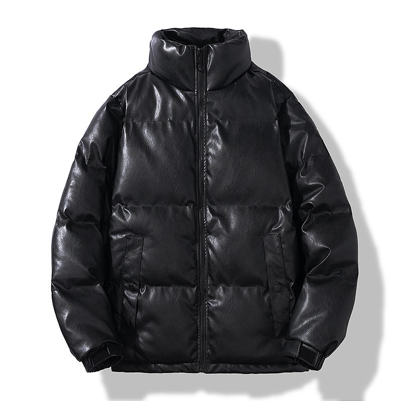 

Cotton Clothes Men s Winter Heavy-duty Thickened Windproof and Warm Stand-up Neck Cotton-padded Clothes Solid Color PU Leather Jacket 4XL чорний