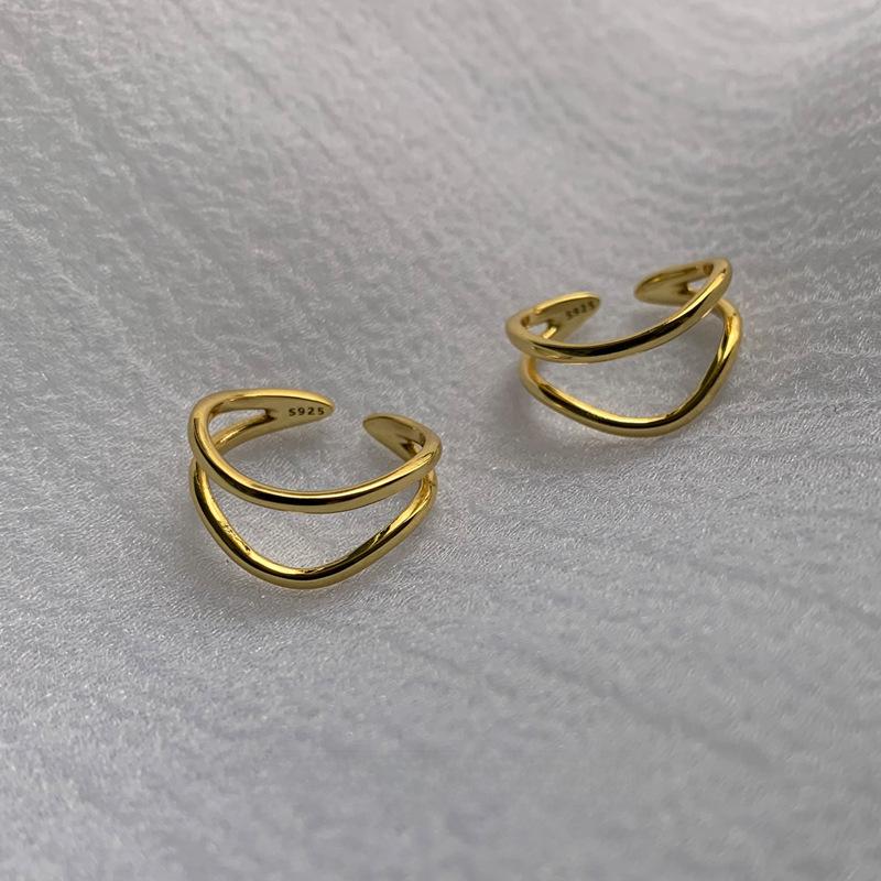 Pure S925 Stylish Silver Gold Color Curved Layered Finger Ring Women For